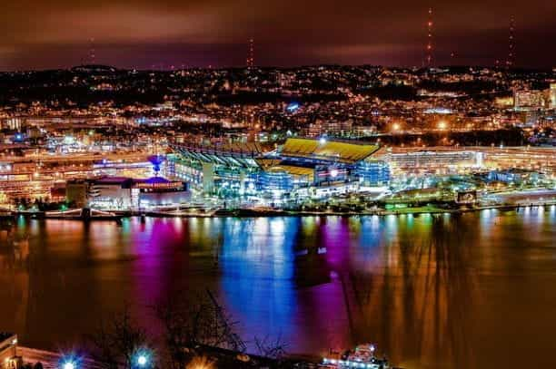 Heinz Field in Pittsburgh, Pennsylvania, at night.