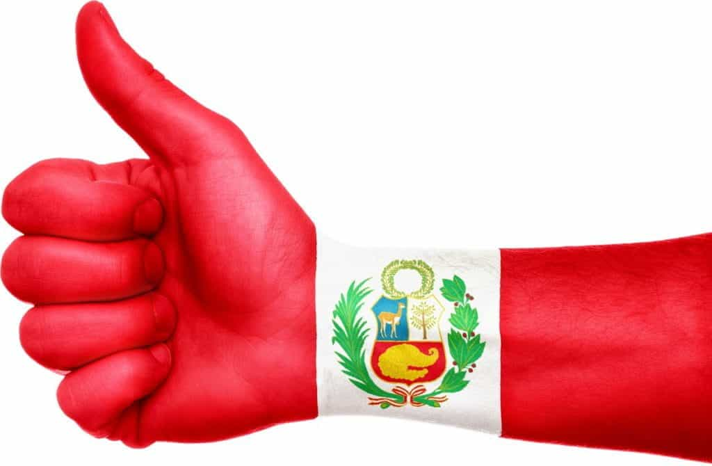 A hand painted with the Peruvian flag gives a thumbs-up.