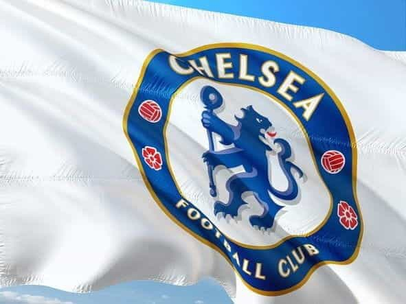 A white flag with the Chelsea Football Club crest on it.