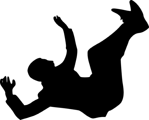 A black silhouette of a man falling through mid-air.