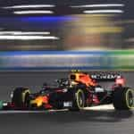 A Red Bull F1 car leaving the pits during the Qatar 2021 race weekend.