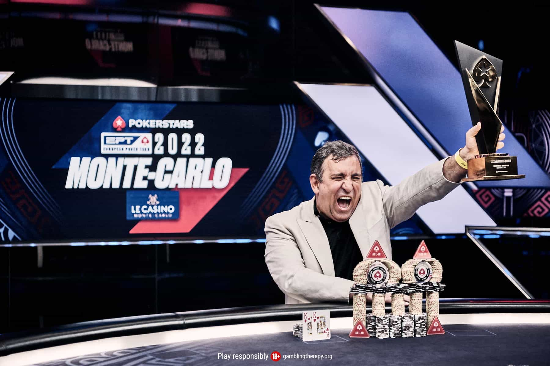 Marcelo Mesqueu celebrates his success in the 2022 Monaco EPT Main Event.