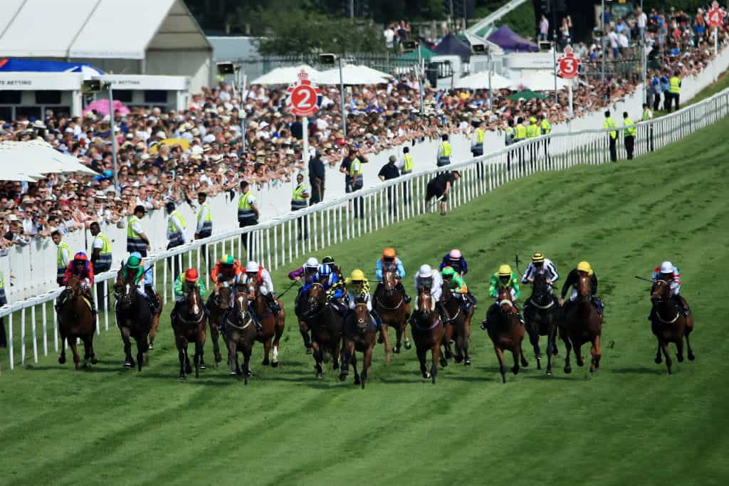 The closing stages of a sprint contest at Epsom on Derby day.