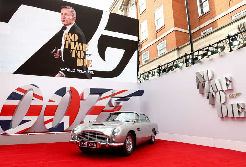 James Bond’s Aston Martin car at the World Premiere of ‘No Time To Die’ at the Royal Albert Hall, 2021.