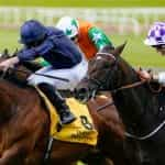 Kevin Manning riding Wexford Native to win The Dubai Duty Free Celebration Stakes at Curragh Racecourse. June 2022.