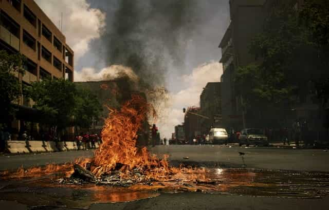 A Fire Burning in the Road as a Part of a Protest in South Africa.