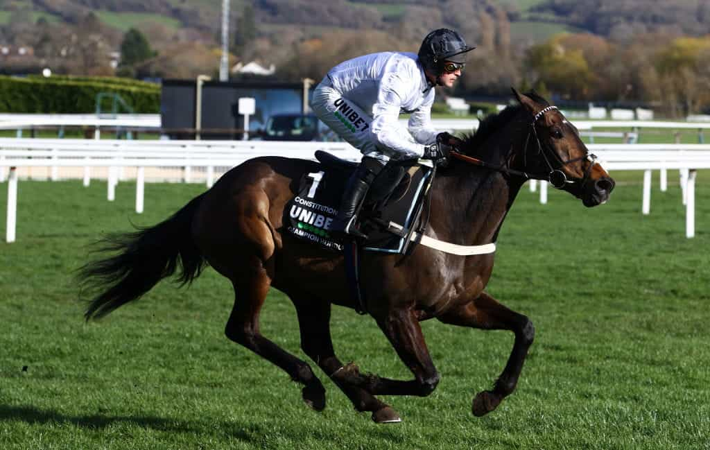 Constitution Hill approaches the final flight in the 2023 Champion Hurdle.