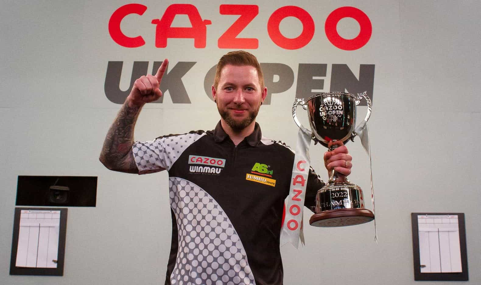 Danny Noppert poses with his 2022 UK Open trophy.