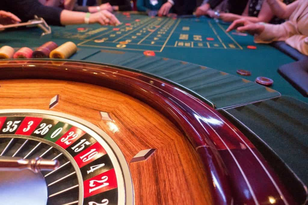 Roulette wheel and table.