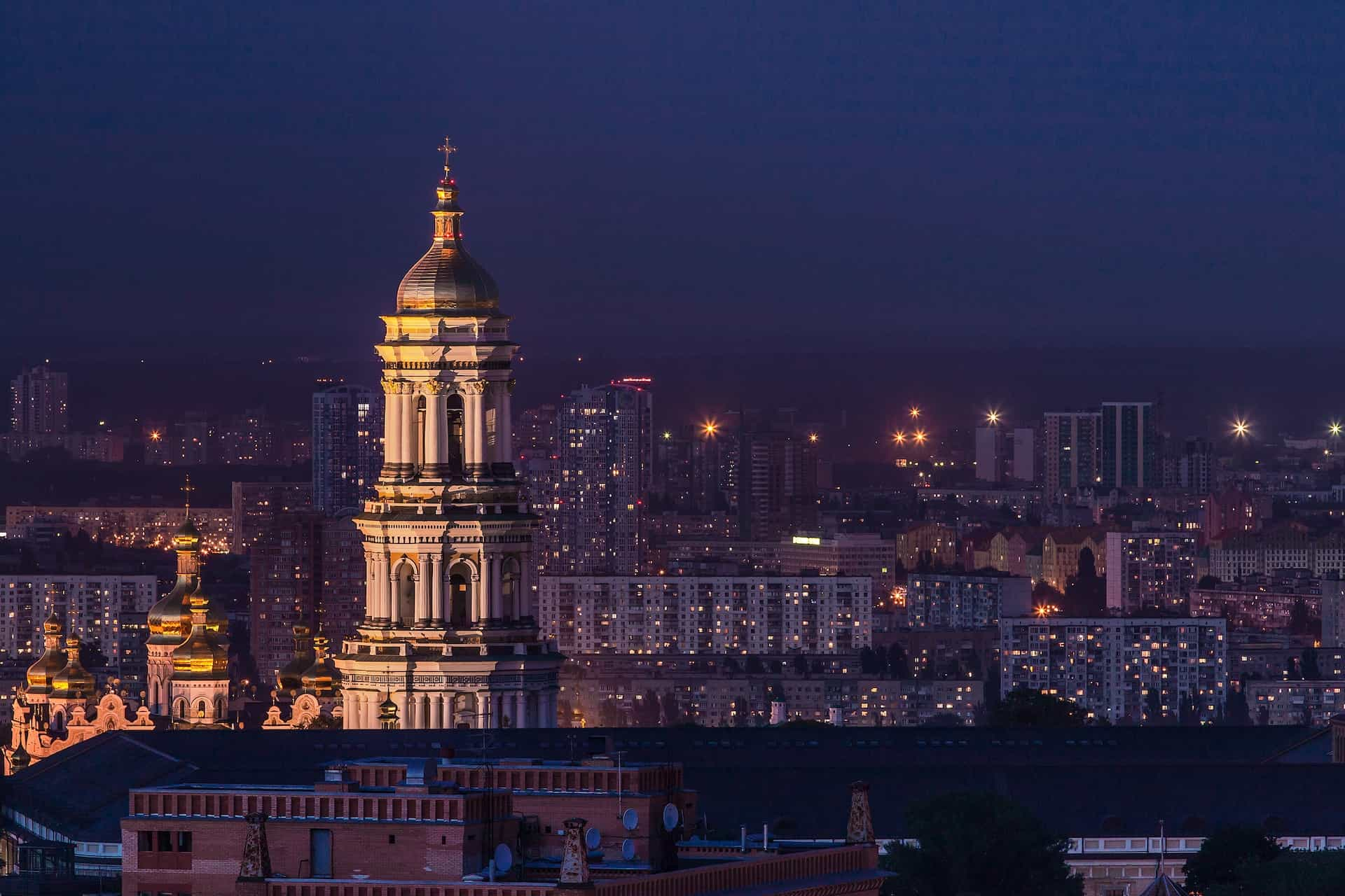 The city of Kyiv at night.