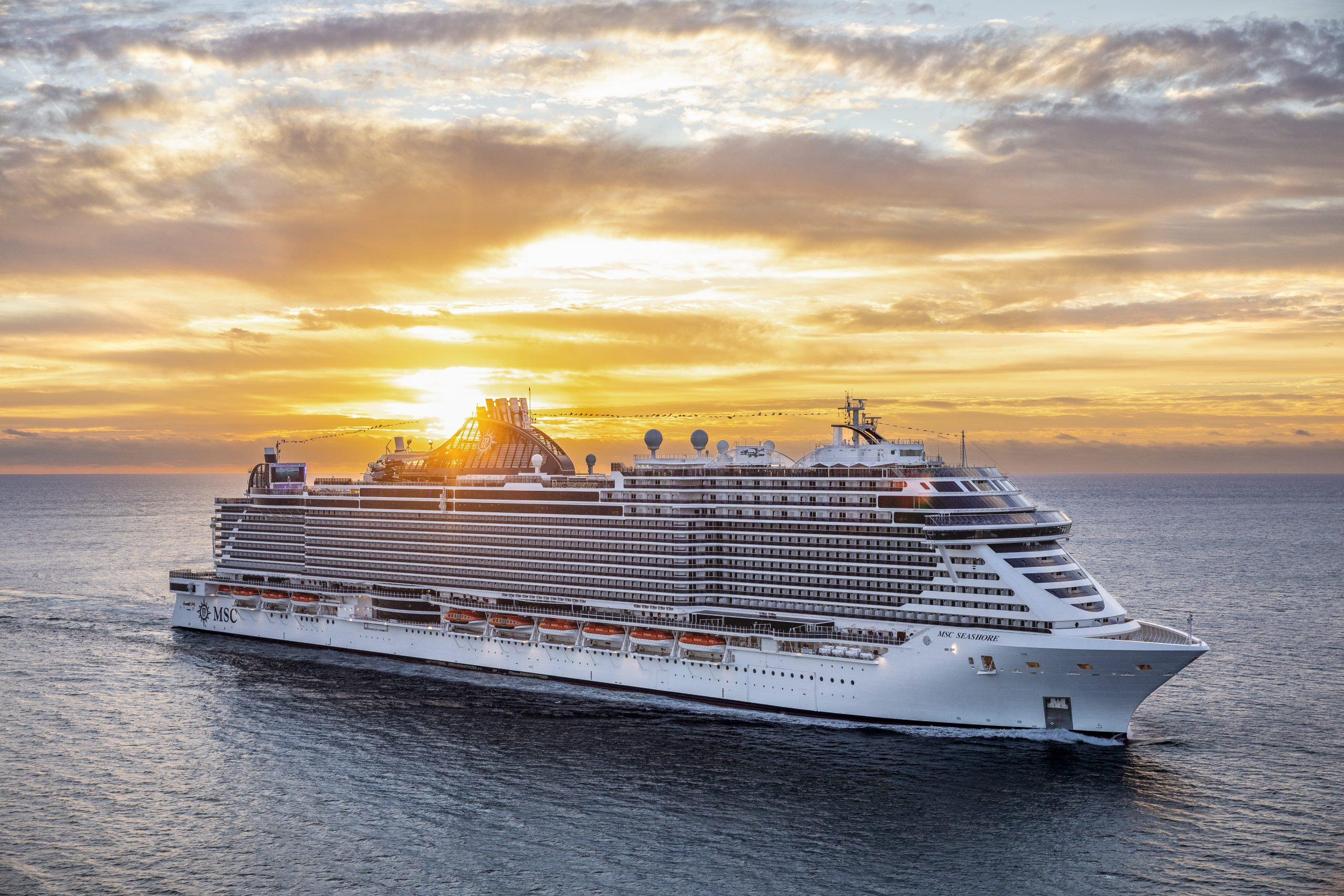 A massive cruise ship in the ocean pictured from above.